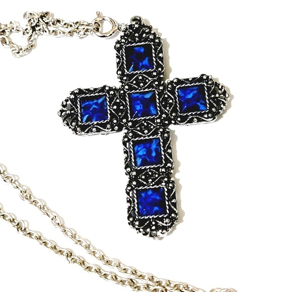 Unbranded Jewelry - Vintage Silver Cobalt Blue Cross Pendant Necklace Ornate Faceted Lucite Large